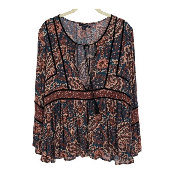 American Eagle Rustic colored Boho Retro Paisley Print Long Bell Sleeve Blouse M - Picture 2 of 16